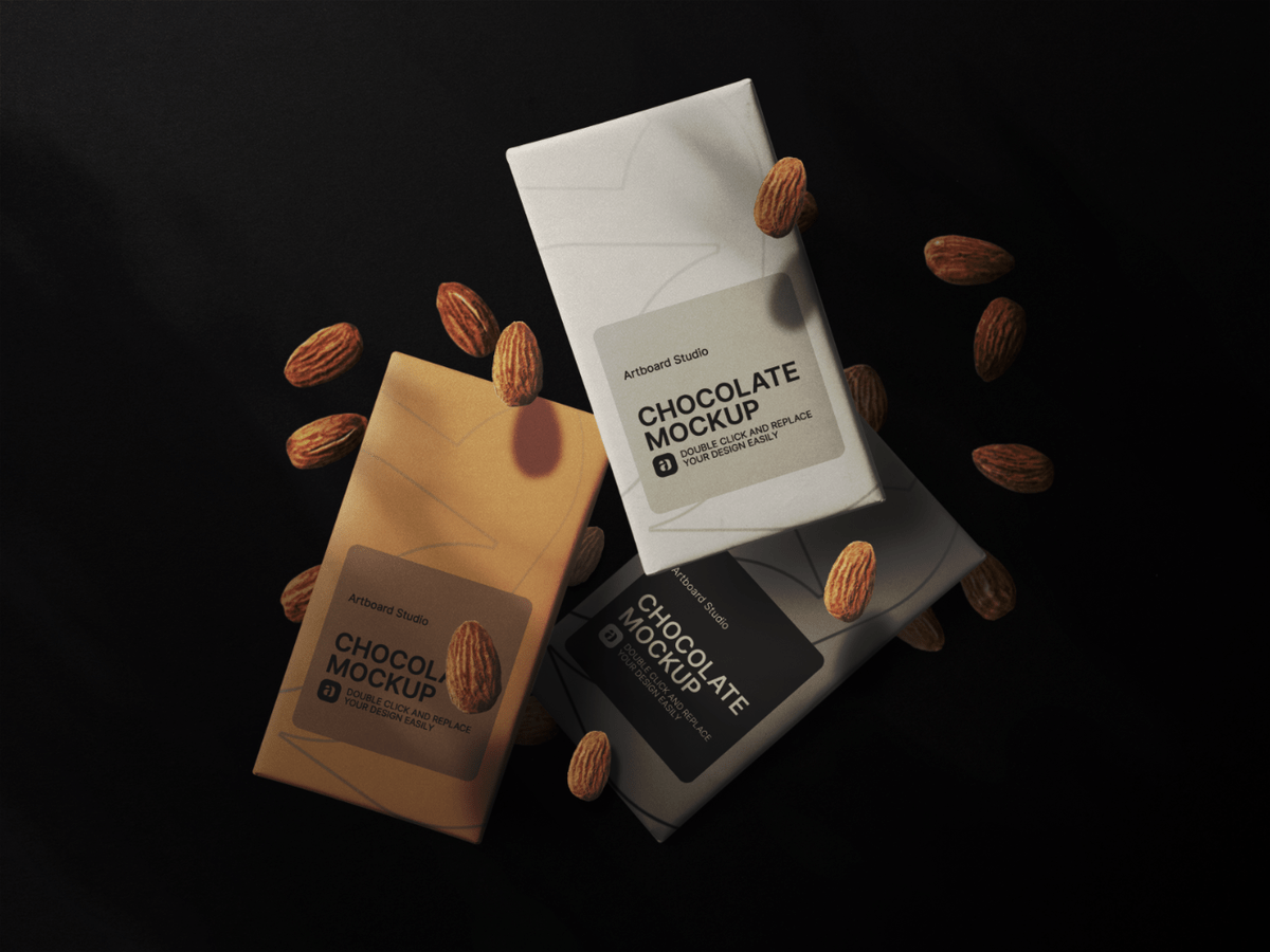 Wide chocolate packaging mockup with an easy editing experience via adobe photoshop since the mockup is provided in psd format. Flying Luxurious Chocolate Bar Packaging Mockup Template